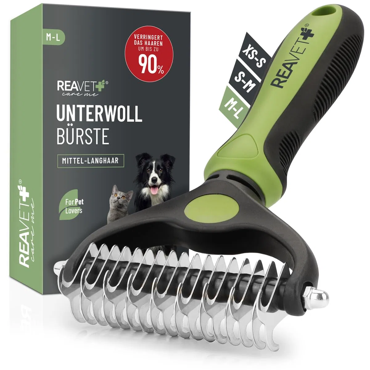 ReaVET Spazzola per cani e gatti, per capelli lunghi, taglia M-L, rimuove sottopelo e infeltrimenti, con effetto massaggio e protezione dei peli di copertura, spazzola per cani, gatti