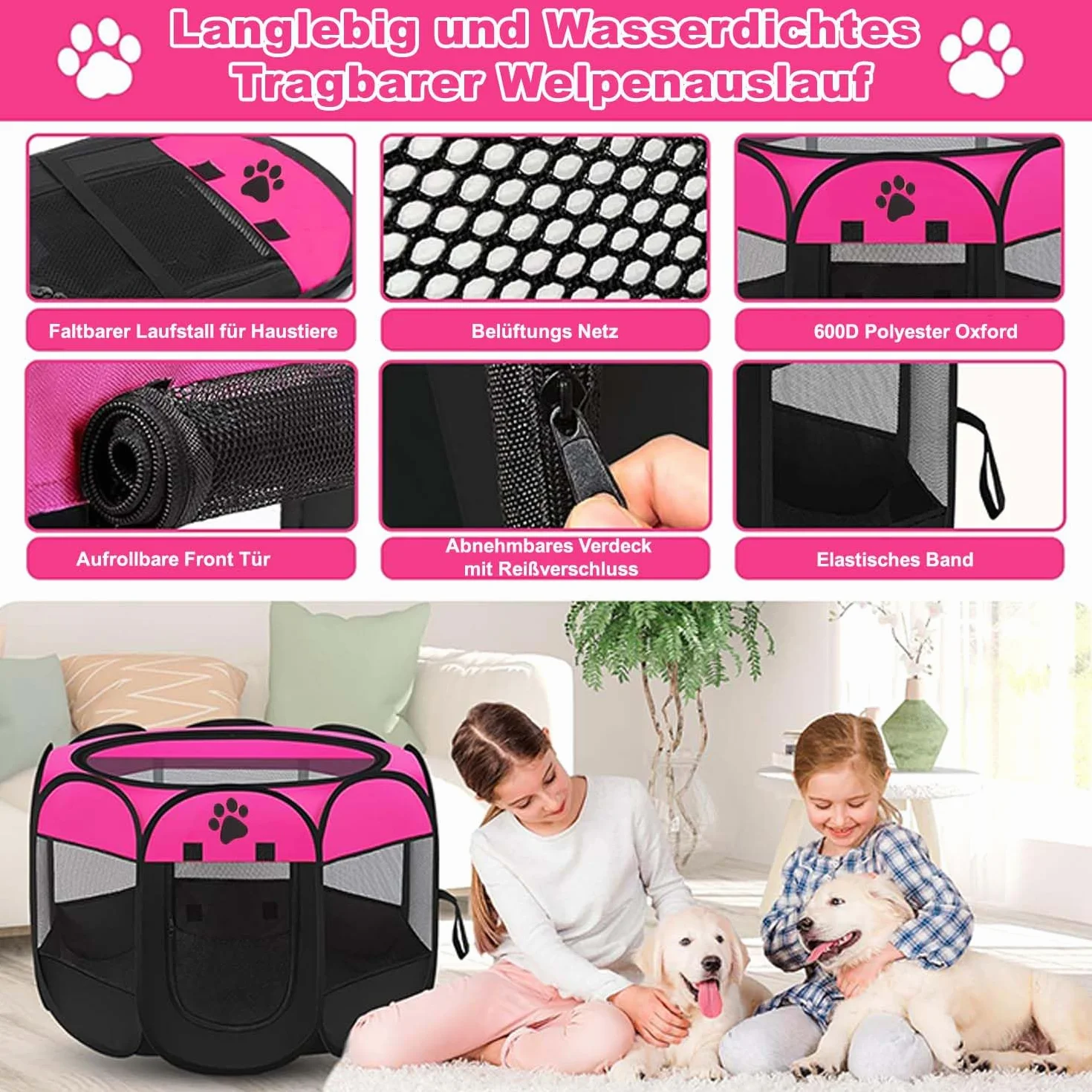 Beccucciolo portatile, 91 x 91 x 58 cm, pieghevole, per casa, cuccioli, telo impermeabile Oxford per cani, gatti, conigli, rosa