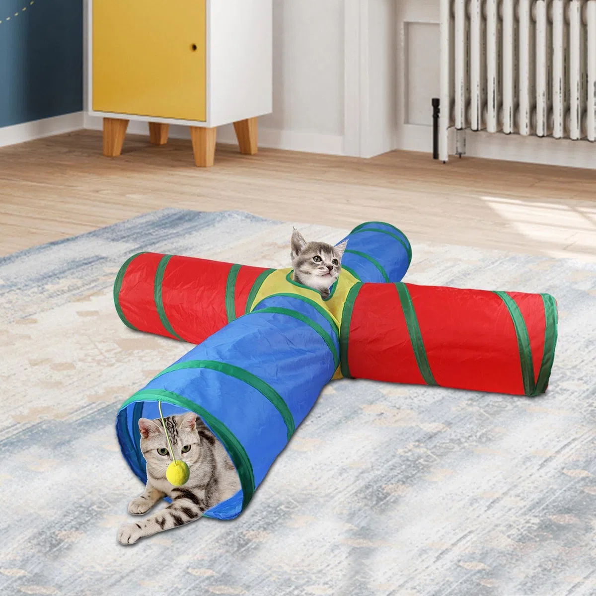 Tunnel per gatti interni, giocattolo tunnel di gatto - Tunnel gatti pieghevoli a 4 vie del gattino arcobaleno,Forniture per animali interattivi giocattolo per animali domestici con palla da gioco per