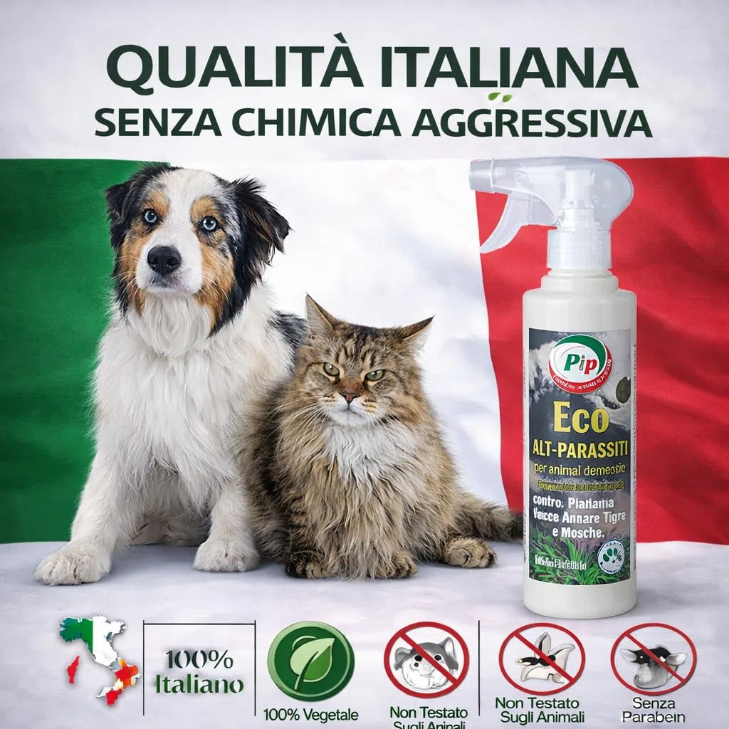 PIP Eco Alt Parassiti, Antiparassitario per Cani e Gatti Spray Olio di Neem Vegetale, Made in Italy - Repellente contro Pulci, Zecche, Pappataci, Pidocchi - Adatto a per Tappeti e in Auto