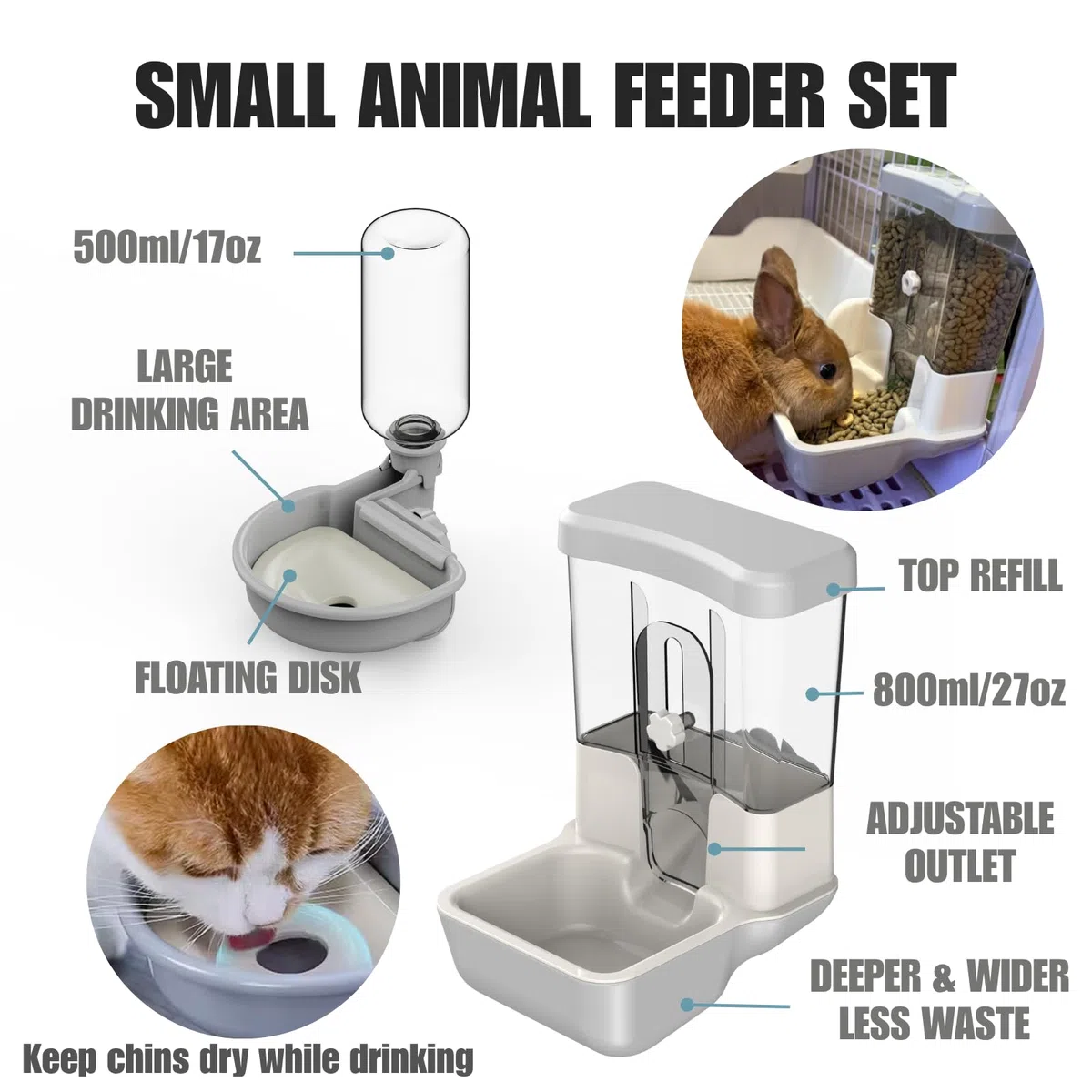 Distributore Automatico di Cibo e Acqua per Animali Domestici, Set di Fontane a Gravità per Cani, Gatti, Conigli, Porcellini d'India, Cincillà, Furetti, Ricci (Grigio)