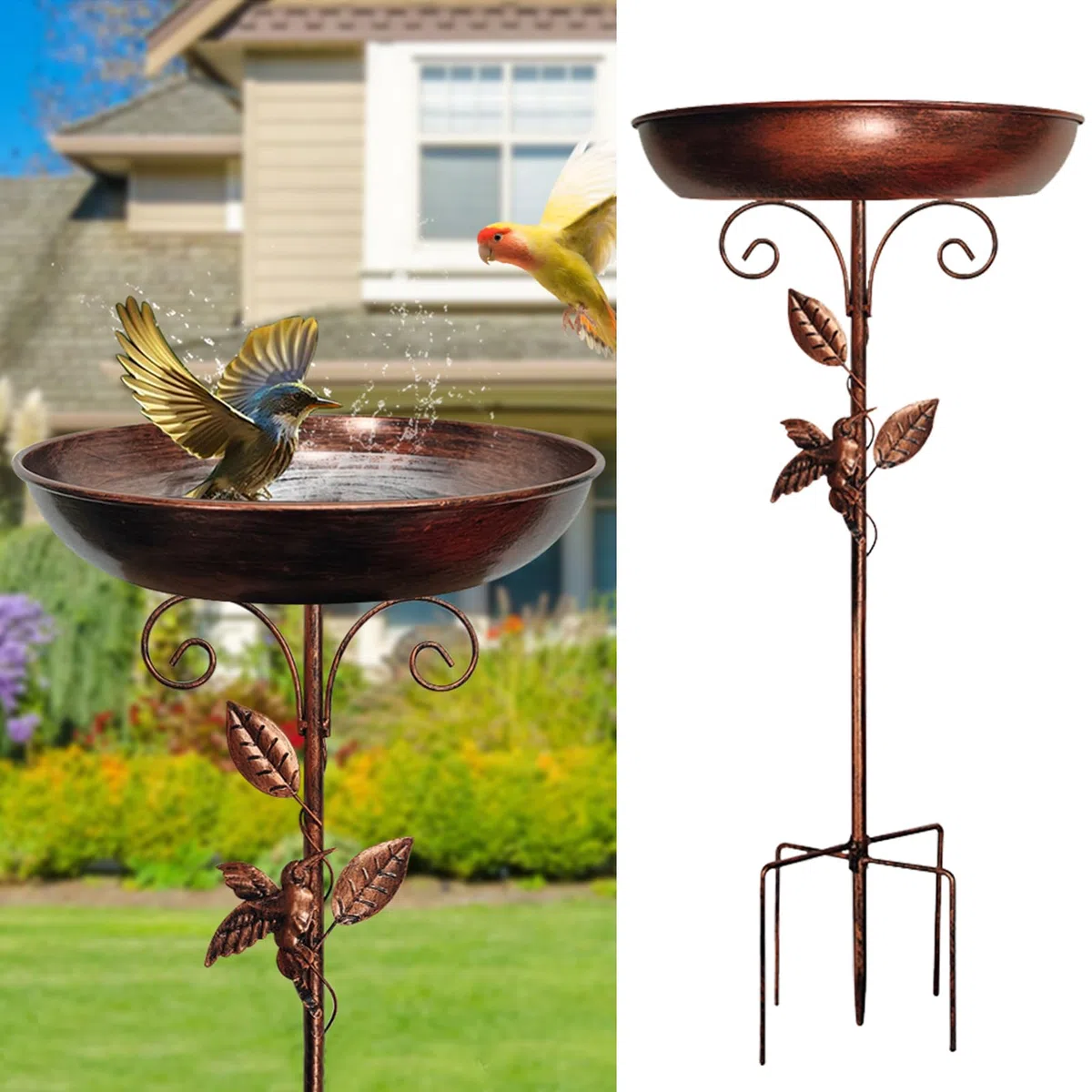 Vasca per uccelli per giardino, 81 cm, in metallo, stile vintage, autoportante, base a 5 rebbi, ciotola per uccelli con uccelli e foglie, decorazione per esterni, giardino, patio, cortile,