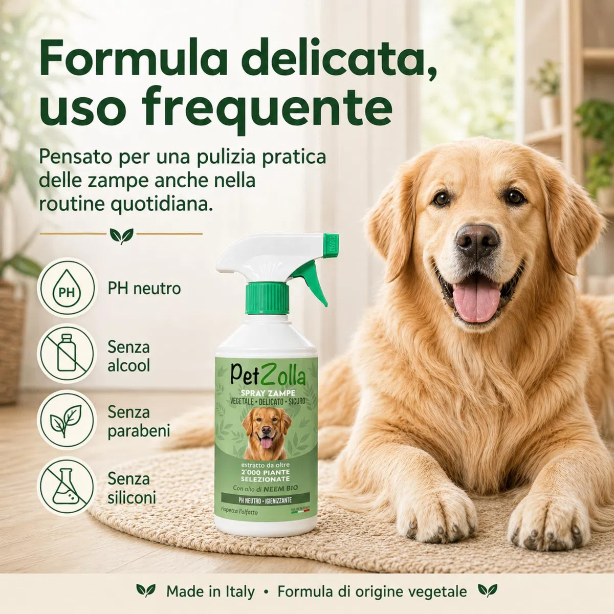 Spray pulisci zampe cane naturale e delicato 750ml, Lava zampe per cani senza risciacquo con olio di neem, argan e timo, azione idratante e protettiva - Made in Italy