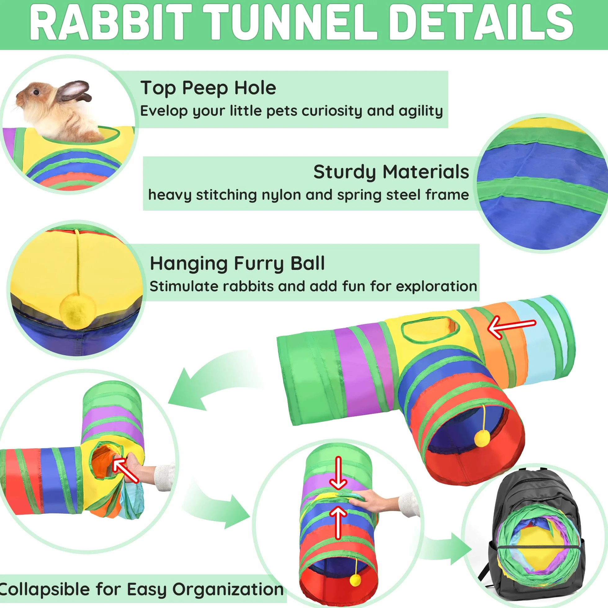 26-in-1 Giocattoli naturali per conigli con set di tunnel conigli pieghevoli, vari giocattoli da masticare che rompono la noia e nascondono per la dentizione e l'attività di piccoli animali