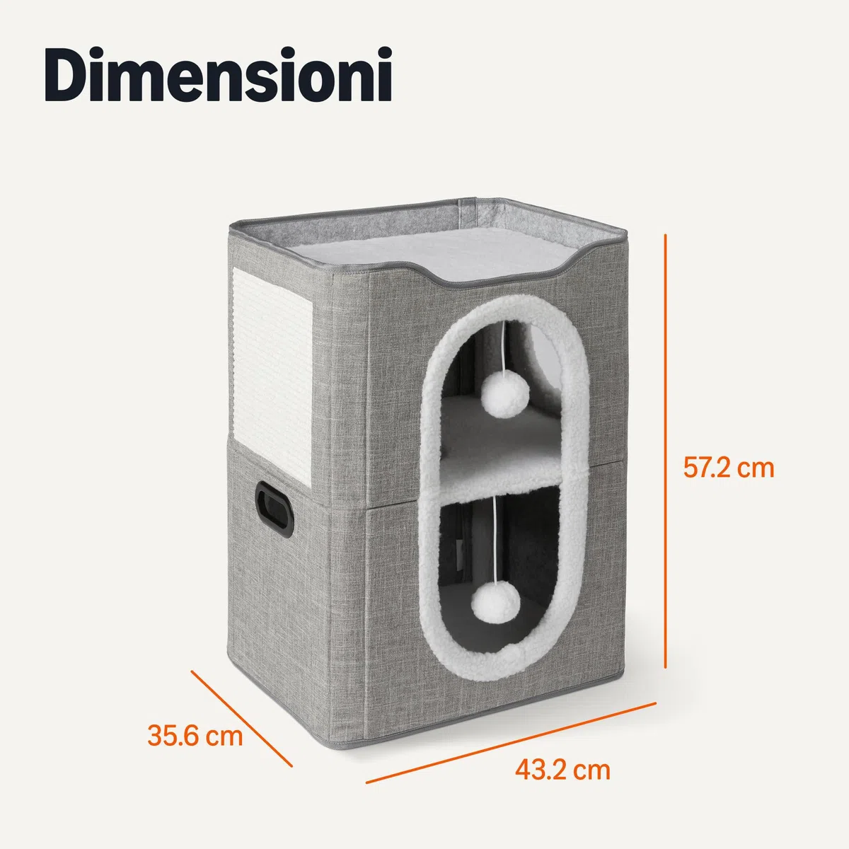 Amazon Basics - Casetta per Gatti a 2 Piani, Grotta per Gatti con Tappetino Tiragraffi e Pallina Morbida, Cucce Modulari a Cubo Pieghevoli per Gatti, 43,2cm x 35,6cm x 57,2cm, Grigio