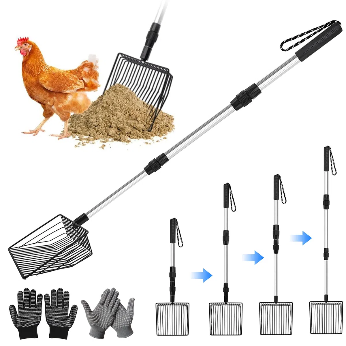 Paletta 3 in 1, accessorio per pollaio, paletta per pollo, paletta per pollo, paletta regolabile con 2 paia di guanti, per pollaio, separazione di feci e detriti di sabbia
