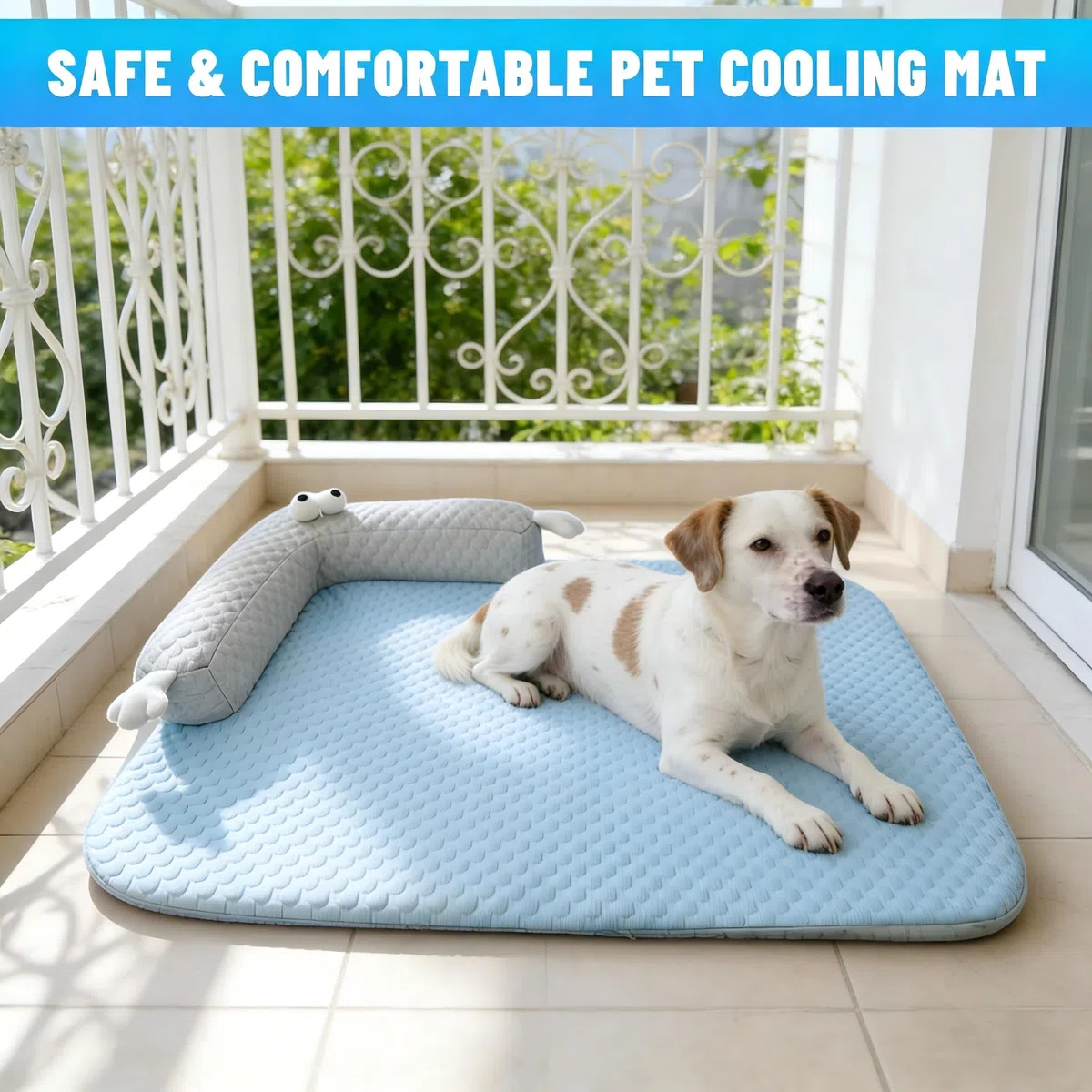Tappetino refrigerante per cani e gatti, 60 x 45 cm, con cuscino a forma di U, cuccia rinfrescante, lavabile, tappetino rinfrescante senza acqua/elettricità (blu, 55 x 40 cm)