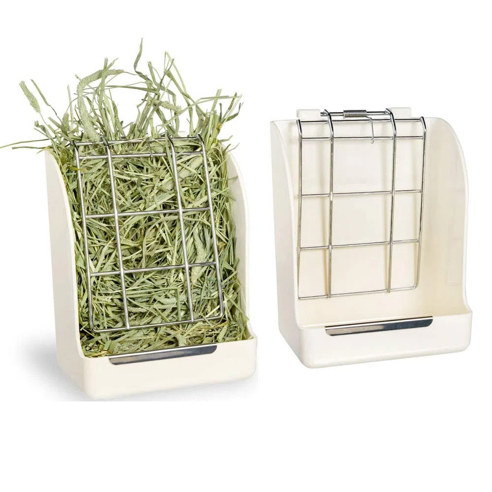 Fieno Alimentatore - Mangiatoia mangime per fieno per piccoli animali, coniglio, porcellino d'india, furetto, Fisso Multiuso,plastica dura e di alta qualità e metallo, atossico (bianco)