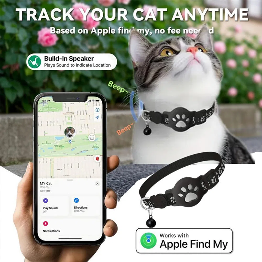 Collare Gps gatto, Gps per Gatti Senza SIM Senza Abbonamento, Localizzatore GPS per Gatto Funziona con apple Find My (solo IOS) (Collare + localizzatore nero)