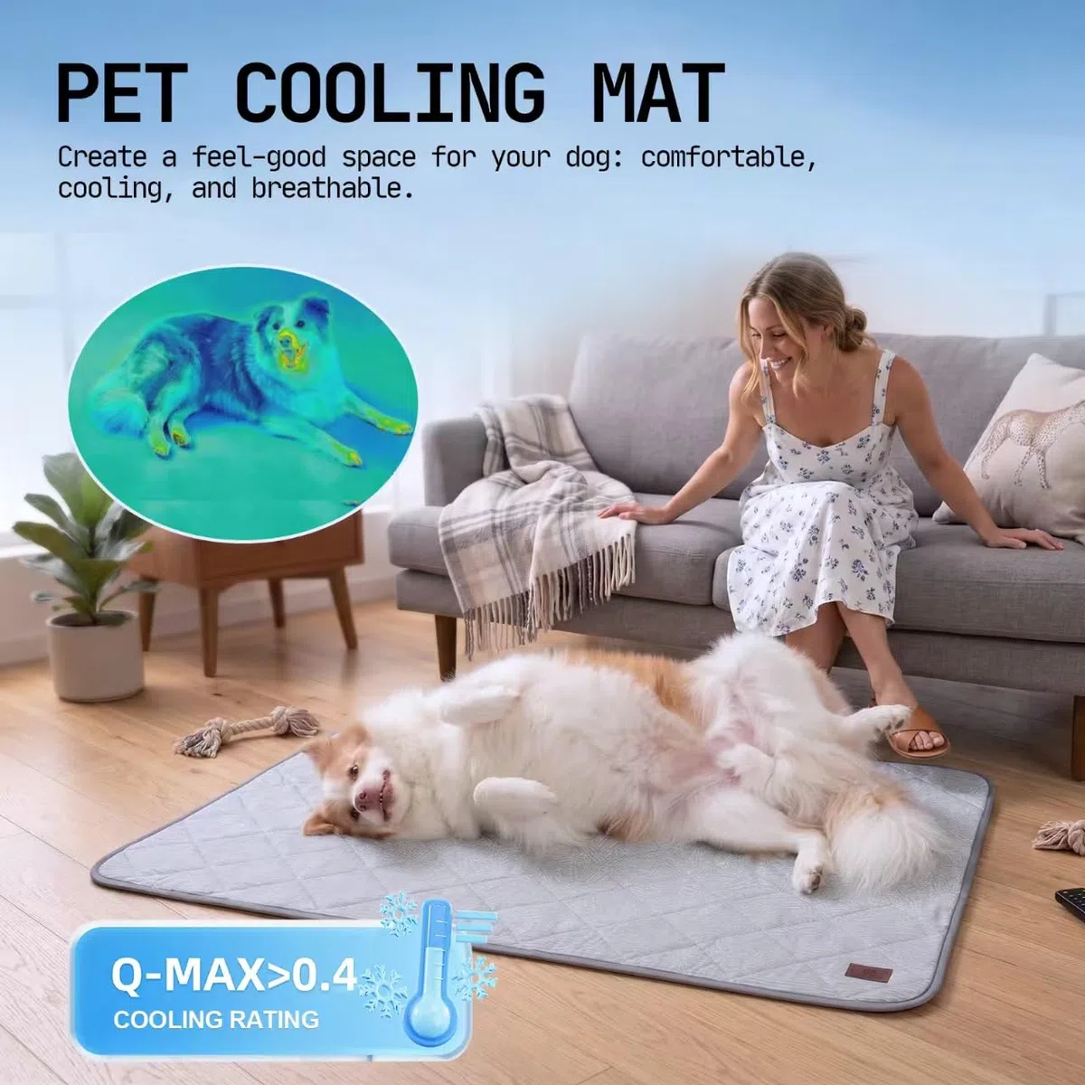Coperta rinfrescante per cani lavabile e impermeabile, Q-MAX>0.4, 75×60 cm, doppia faccia rinfrescante e peluche, per divano e cani di piccola taglia