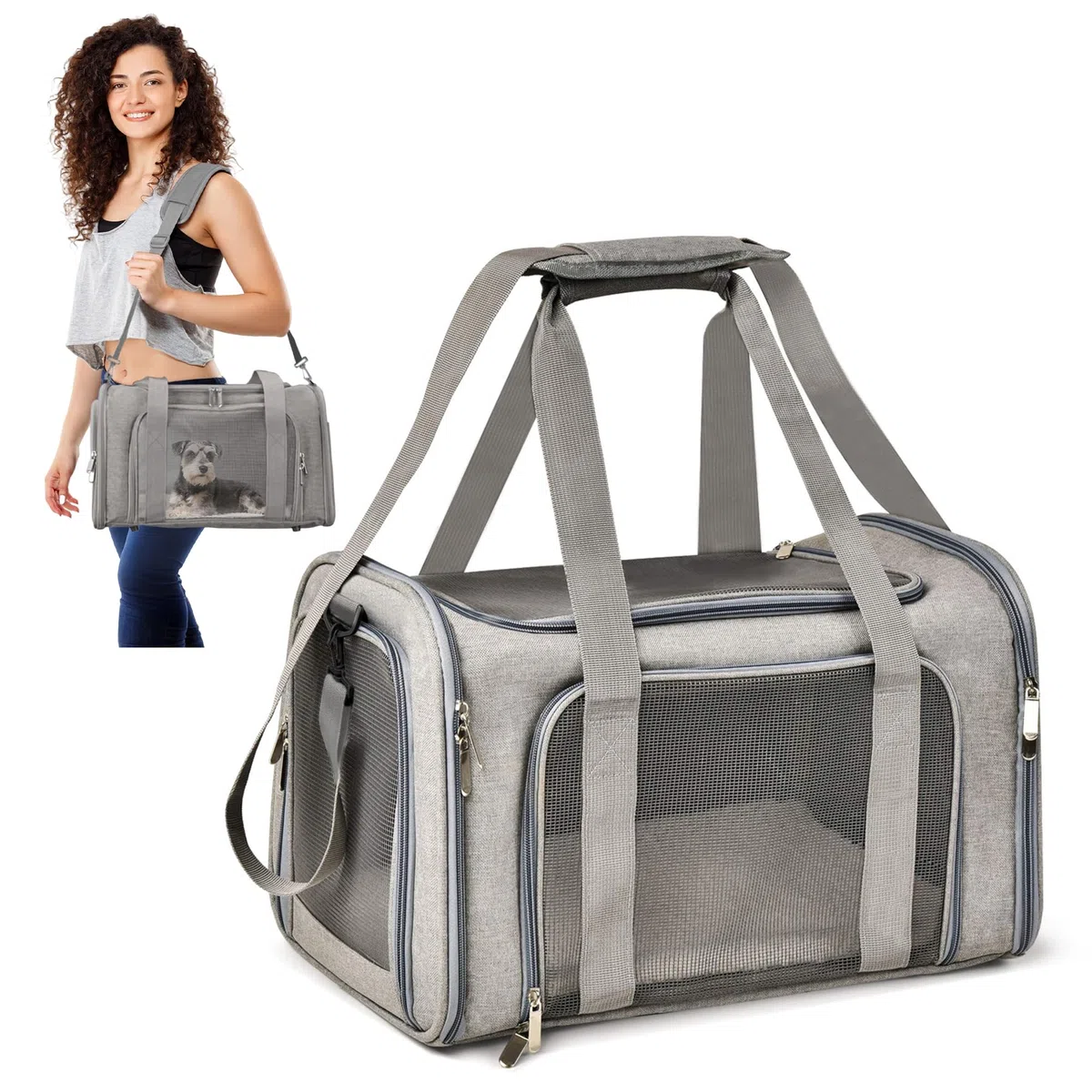 ALLSOPETS Trasportino per Cani, Borsa Morbida per Cani e Gatti di Piccola Taglia, Omologata per Aereo, Borsa Pieghevole con Cuscino per Viaggio Campeggio Escursioni (Grigio Cenere)