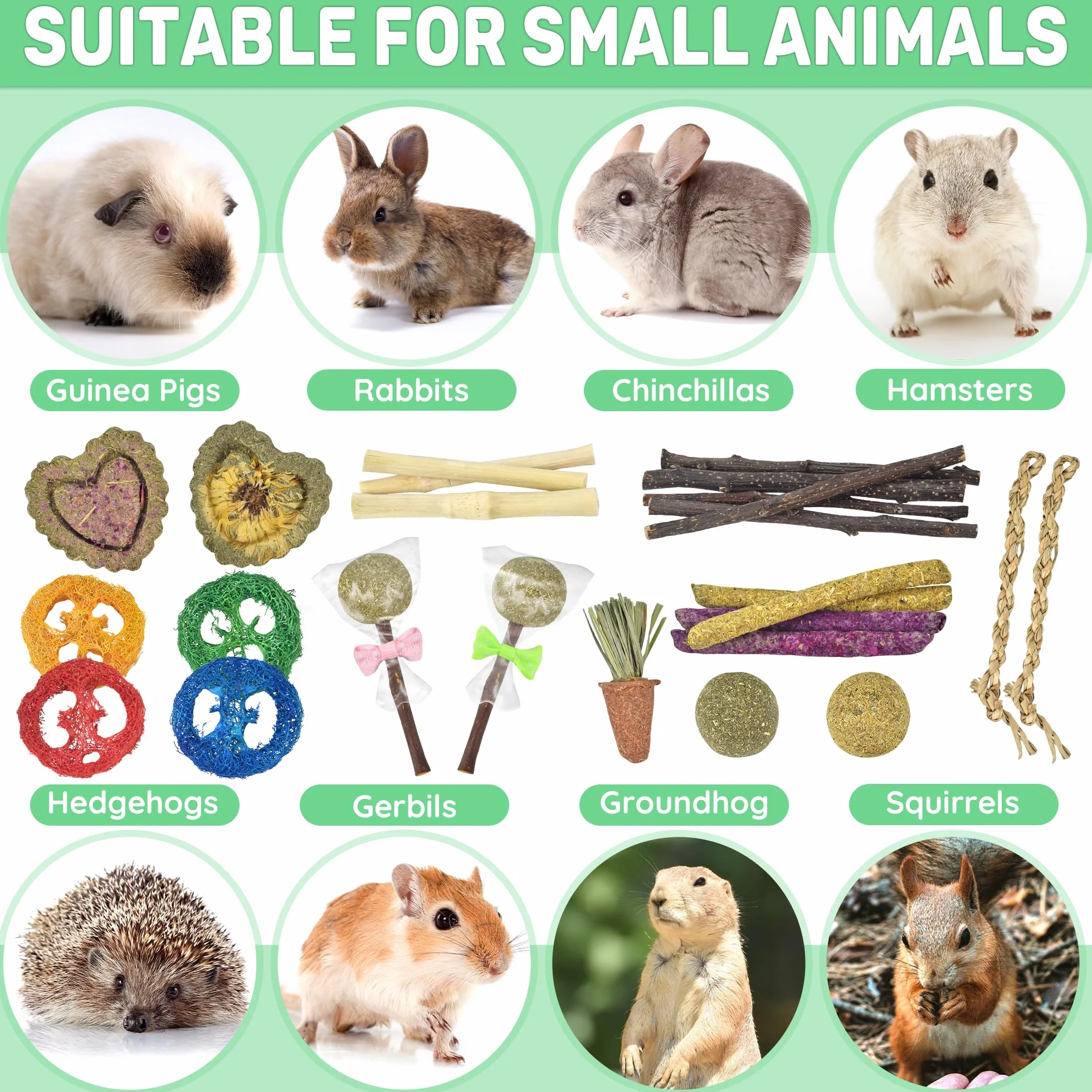 26-in-1 Giocattoli naturali per conigli con set di tunnel conigli pieghevoli, vari giocattoli da masticare che rompono la noia e nascondono per la dentizione e l'attività di piccoli animali