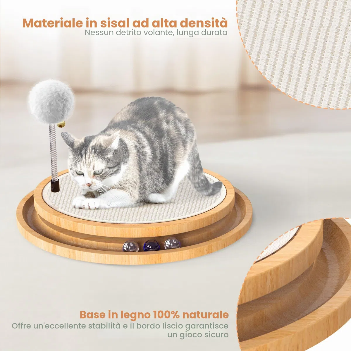 Tappetino Tiragraffi per Gatti, Antigraffio in Sisal Naturale, Torre giocattolo Catch the Balls in legno, Giocattolo interattivo per gattini con palla a molla per inseguire, caccia
