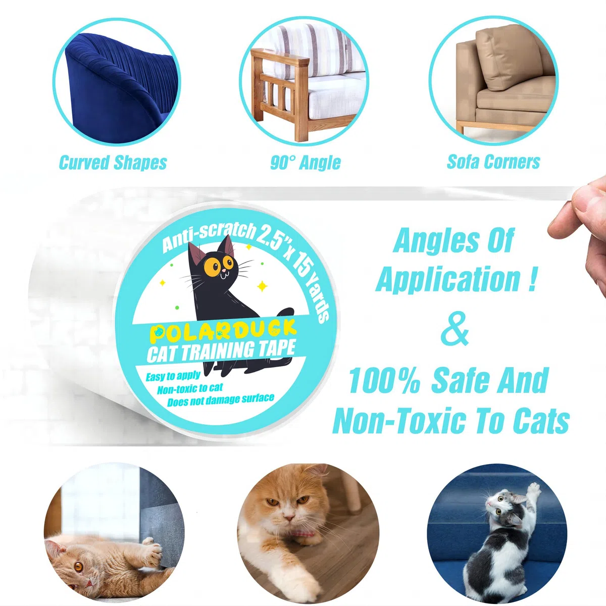 Polarduck Nastro anti graffio per gatti, 6,3 cm x 13 m, 100% trasparente, nastro biadesivo deterrente per gatti, protezione per mobili, divani, tappeti, porte, sicuro per animali domestici e bambini