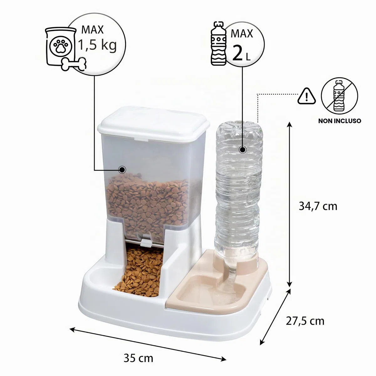 Iris Ohyama, Dosatore acqua (2 L) e cibo (1.5 kg) regolatore di approvvigionamento idrico, portello regolazione crocchette, coperchio asportabile per cane e gatto - Pet Food Feeder JQ-350, Bianca