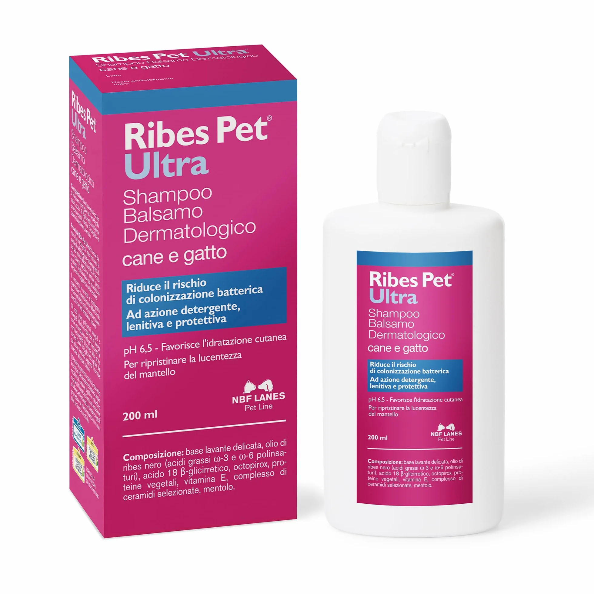 NBF Lanes | Ribes Pet Ultra Shampoo Balsamo Dermatologico Cane e Gatto 200 ml, Riduce il Rischio di Colonizzazione Batterica, ad Azione Detergente, Lenitiva e Protettiva, pH 6,5
