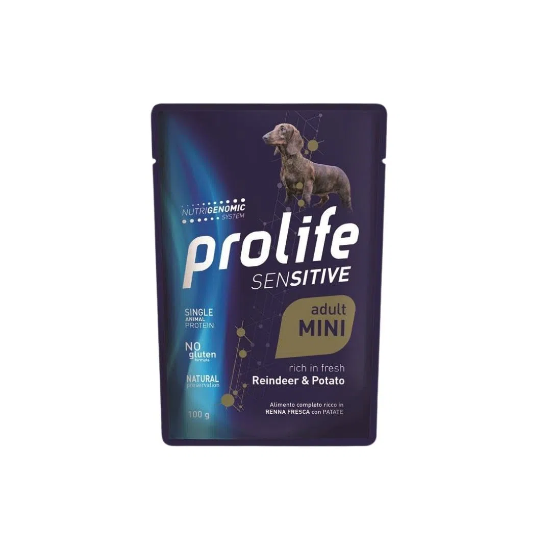 Prolife Umido Cane Sensitive Adult Mini, alimento completo per cani adulti di tutte le taglie, gusto RENNA FRESCA e PATATE 100g | 12 bustine da 100 grammi l'una.