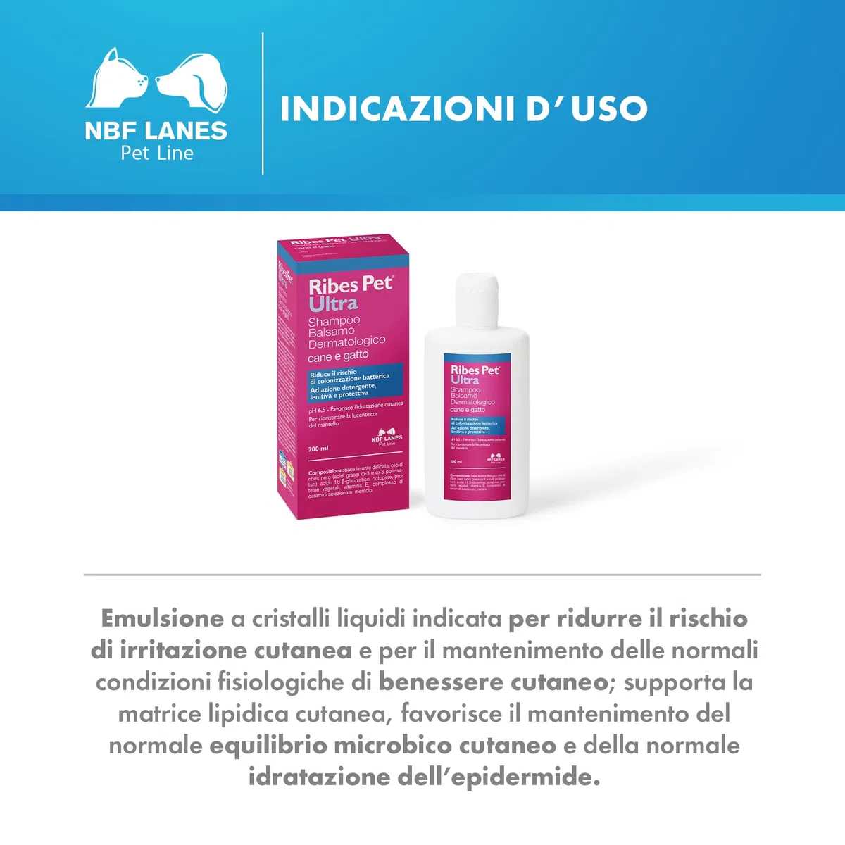 NBF Lanes | Ribes Pet Ultra Shampoo Balsamo Dermatologico Cane e Gatto 200 ml, Riduce il Rischio di Colonizzazione Batterica, ad Azione Detergente, Lenitiva e Protettiva, pH 6,5