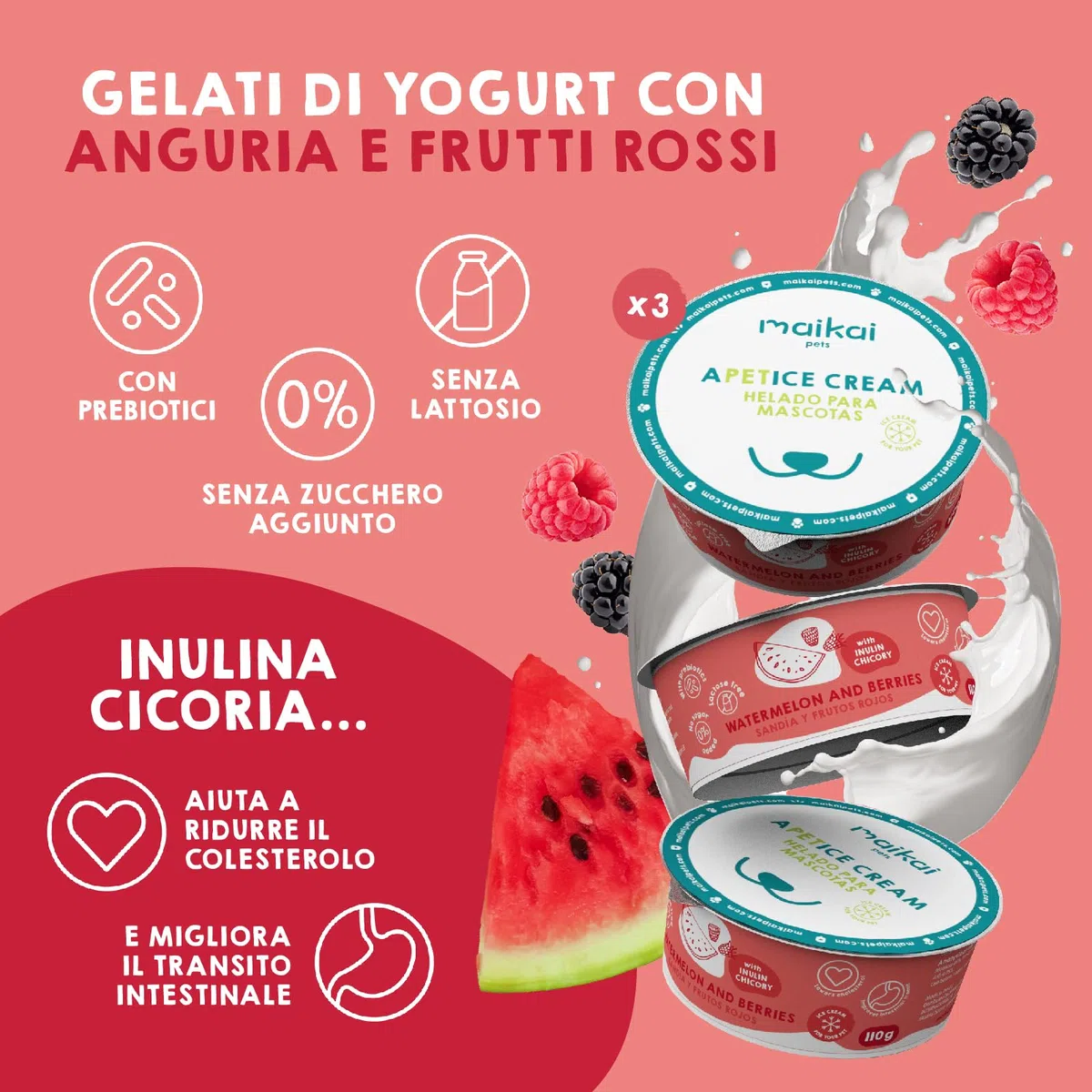 MAIKAI Confezione da 6 Gelati per Cani e Gatti – Snack Rinfrescante con Collagene e Inulina – Senza Lattosio, Idratante, Funzionale – Condroprotettore e Prebiotico Naturale per l’Estate