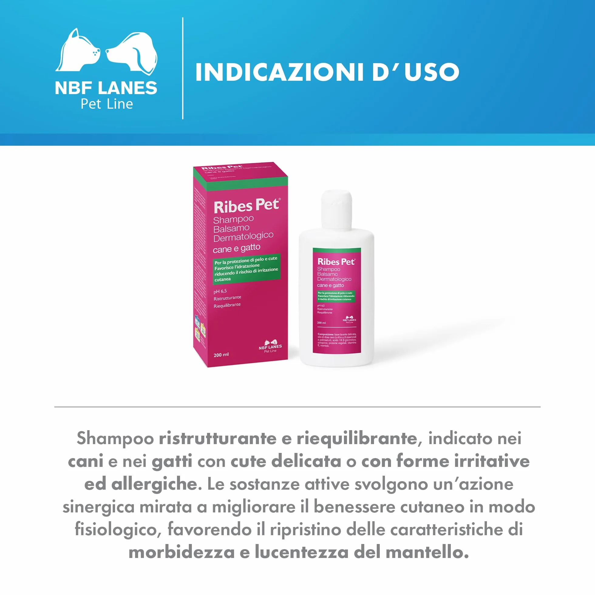 NBF Lanes | Ribes Pet Shampoo Balsamo Dermatologico Cane e Gatto 200 ml, per la Protezione di Pelo e Cute, pH 6,5, Ristrutturante, Riequilibrante