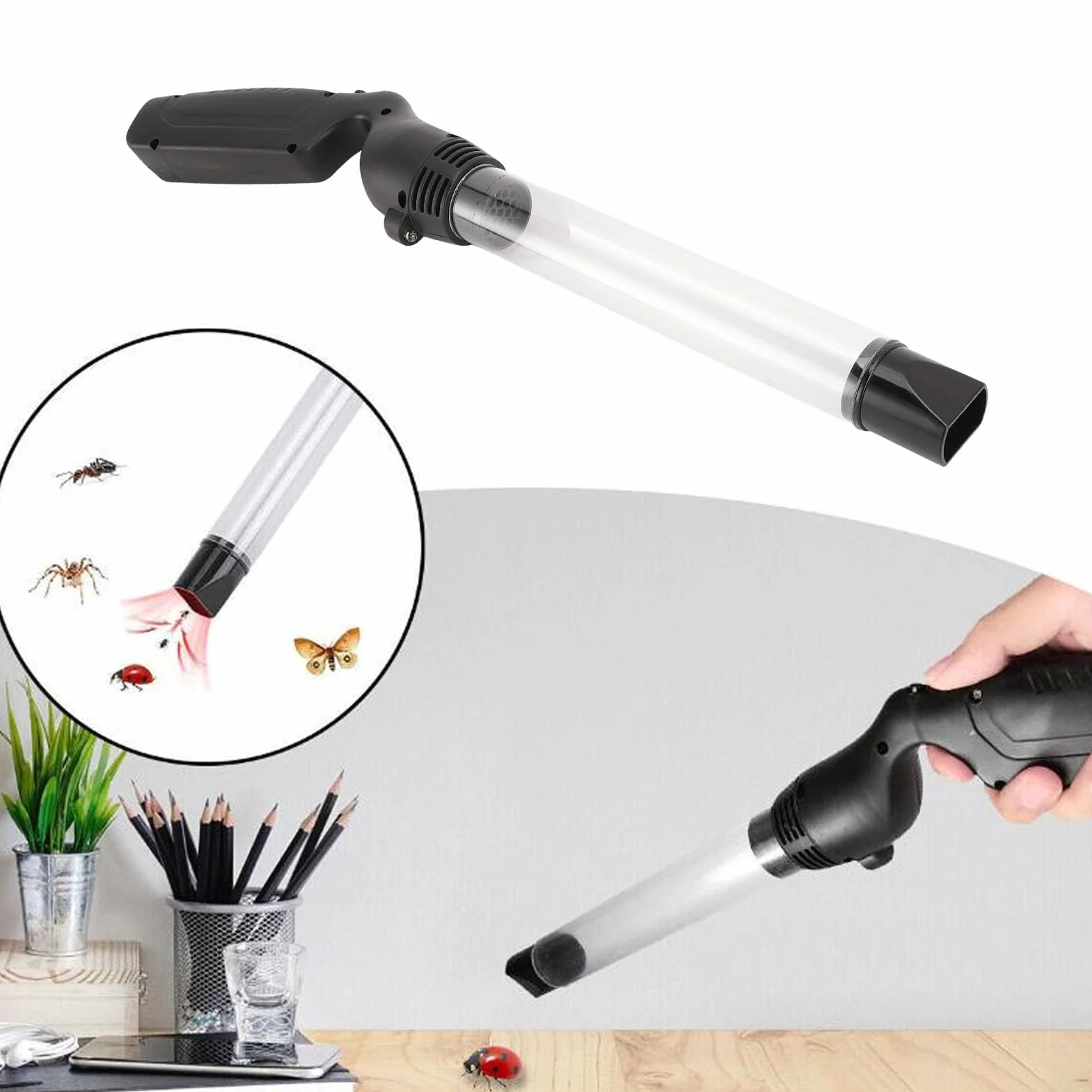 Aspiratore Cattura Insetti Portatile, Aspirapolvere Ragno Alimentato a Batteria con Luce LED, Manico Lungo, Aspirazione Forte ‑0,4 Kpa, per Catturare Scarafaggi, Falene, Formiche