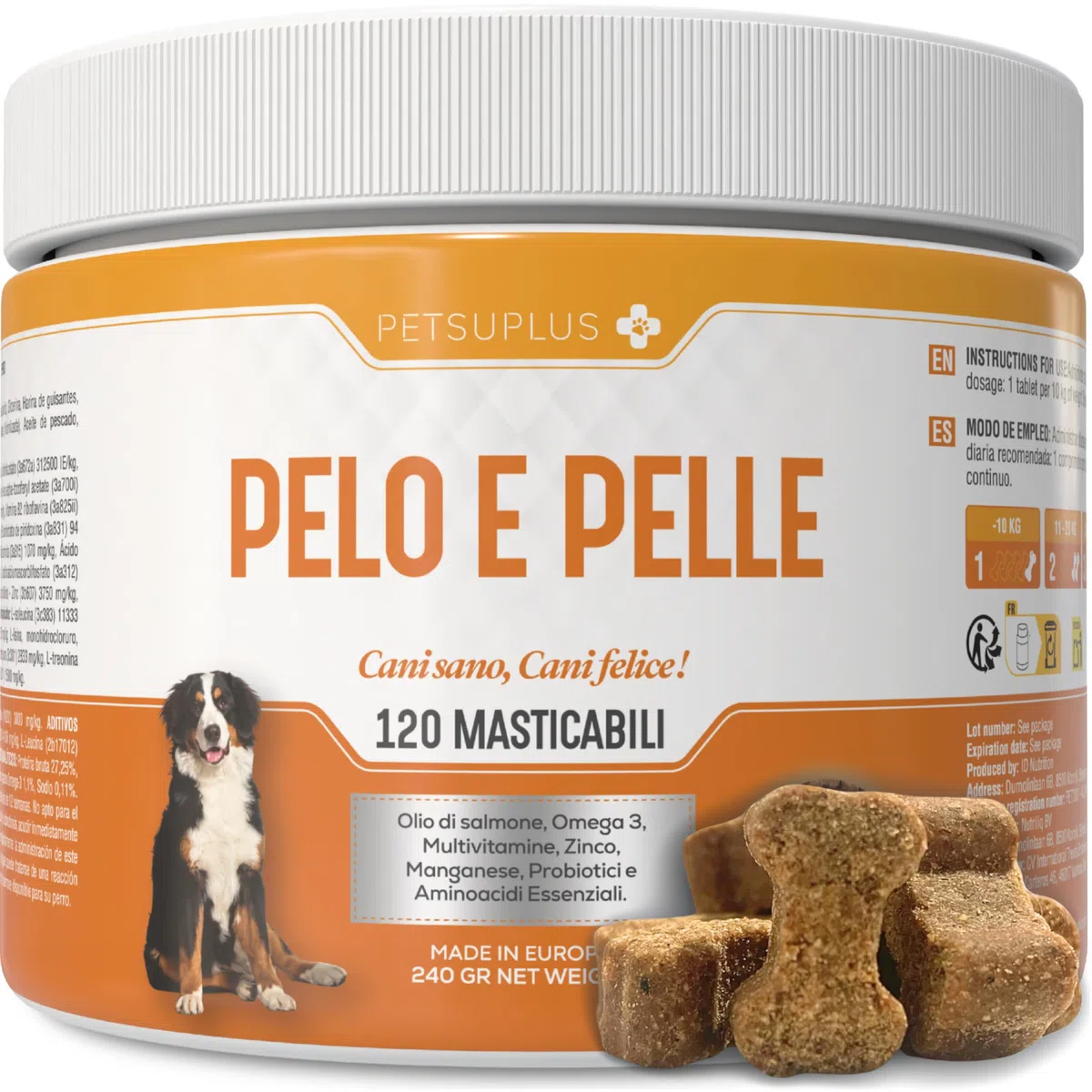 Pelo & Pelle. Integratori per Cani con Vitamine, Omega 3 Cane e Olio di Salmone per Cani. Combatte Sintomi quali Prurito, Pelle secca, Irritazione, perdita di Pelo e Irritabilità. 120 chews