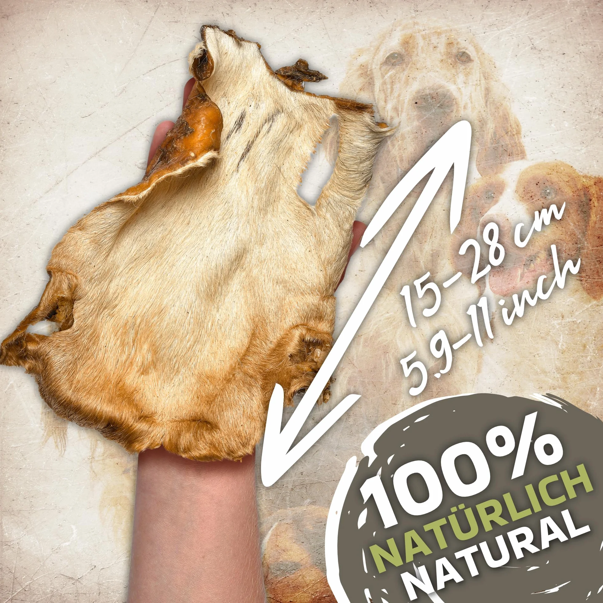 Pelle di testa di manzo con pelo per cani 1 kg (ca. 15–20 pezzi) | Pelle di testa di manzo essiccata da masticare | 100% naturale | Con pelo | Essiccata all’aria | Senza cereali