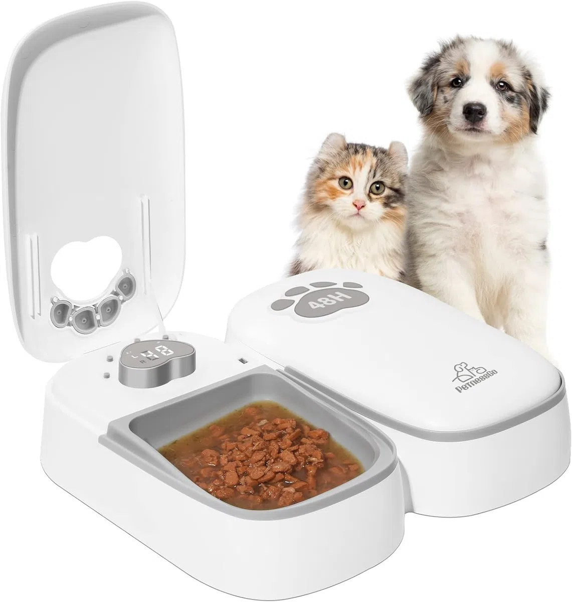 Mangiatoia automatica per gatti e cani, alimentazione automatica a due pasti, timer controllato da 48 ore, alimentazione a secco o umido