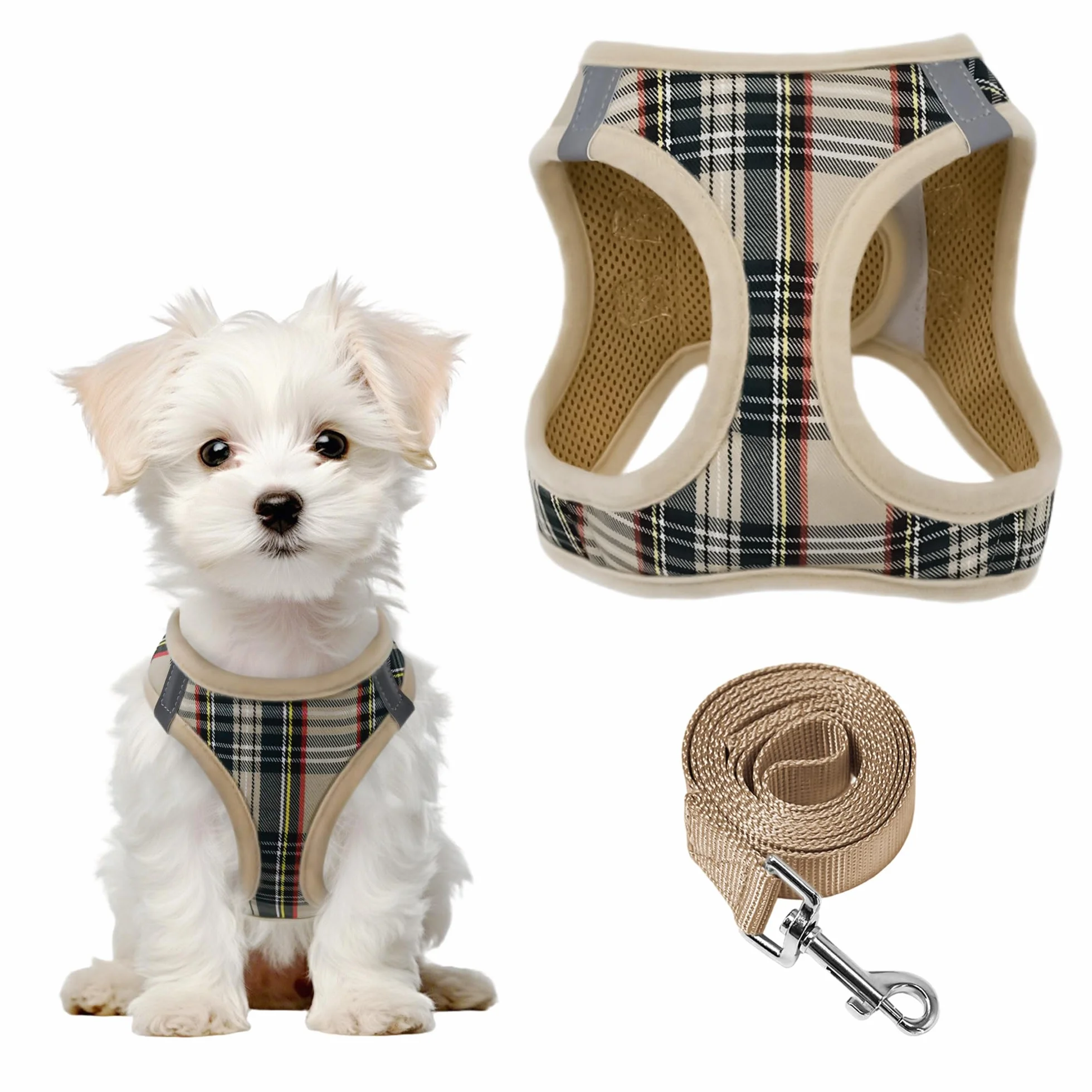 Pettorina Cane con Guinzaglio Imbottita Morbida Rete Traspirante Pettorina per Cani Taglia Piccola Regolabile Riflettente Motivo a Quadri Imbracatura per Cuccioli Gatti, Beige XXXS