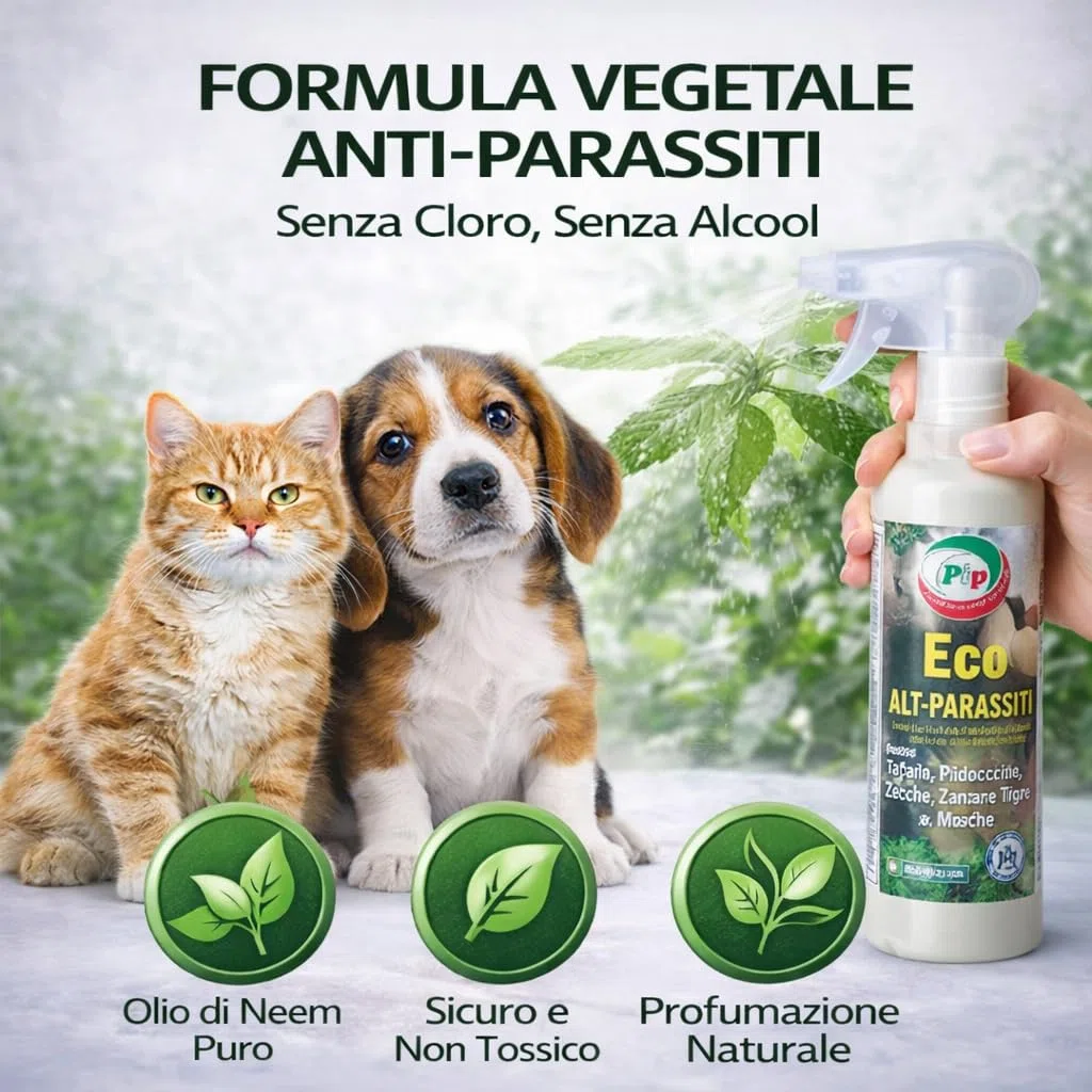 PIP Eco Alt Parassiti, Antiparassitario per Cani e Gatti Spray Olio di Neem Vegetale, Made in Italy - Repellente contro Pulci, Zecche, Pappataci, Pidocchi - Adatto a per Tappeti e in Auto