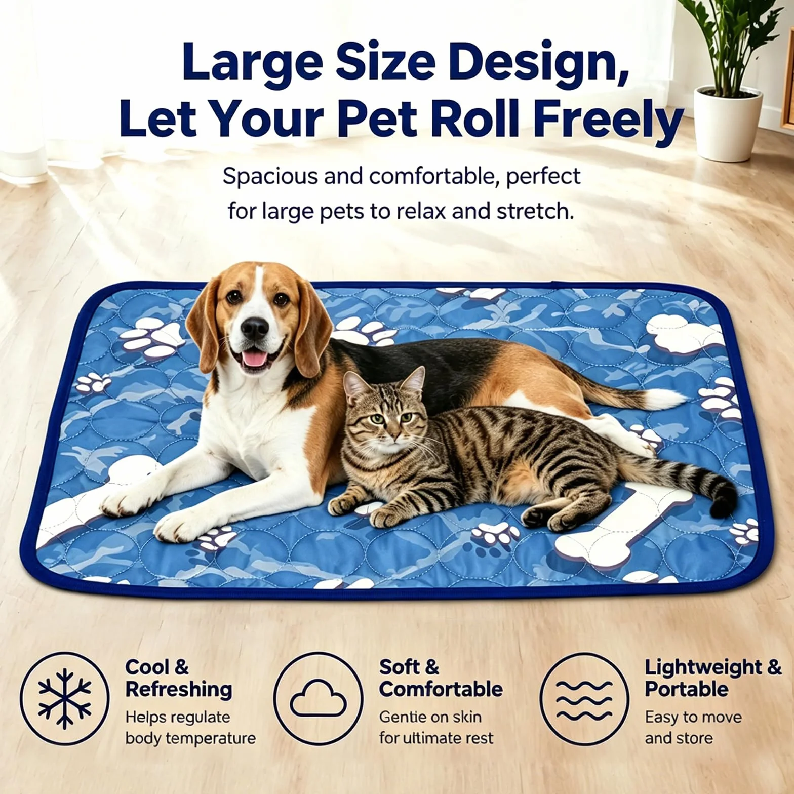 Tappetino Refrigerante Cane Grande 100x70cm, Tappetino Refrigerante per Cani Gatti, Animale Domestico, Modello Carino con Stampa Osso e Zampa, Seta Fredda Morbida, Anti-Statico, Antiscivolo, Piegabile