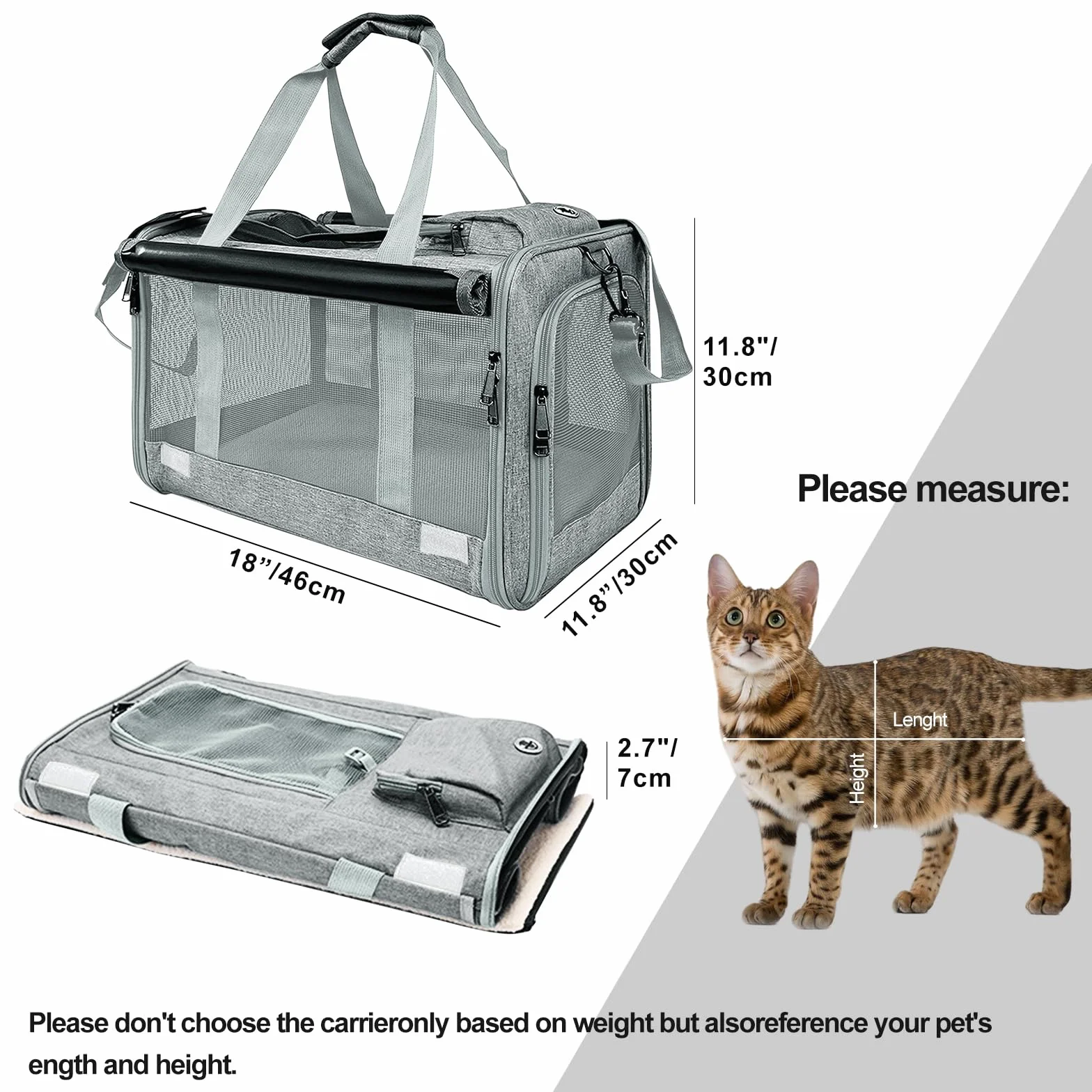 Trasportino per Gatti e Cani Faltabile – Tasche per Animali Fino a 9kg, 46×30×30cm, Con Protezione Privacy, Tasche e Rete Traspirante (Grigio Scuro)
