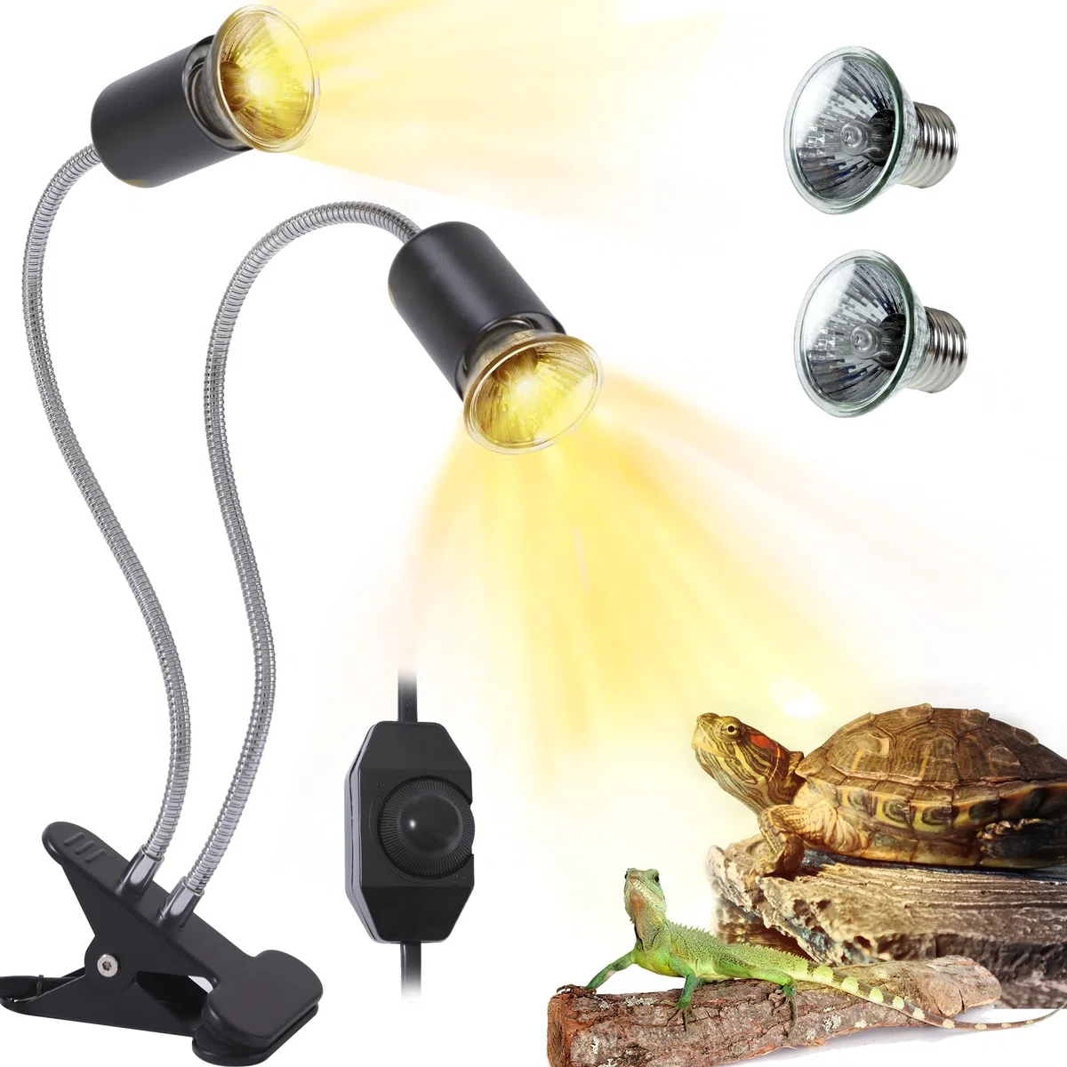 Lampada Tartarughe (con 2 lampadine da 50W), Dimmerabile, Lampada Rettile UVA UVB, per Serpente, Lucertola, Cacatua, Camaleonte ecc