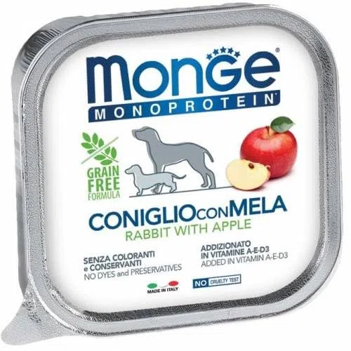 MONGE UMIDO CANE MONOPROTEICO FRUTTA CONIGLIO E MELA 6 VASCHETTE DA 150GR