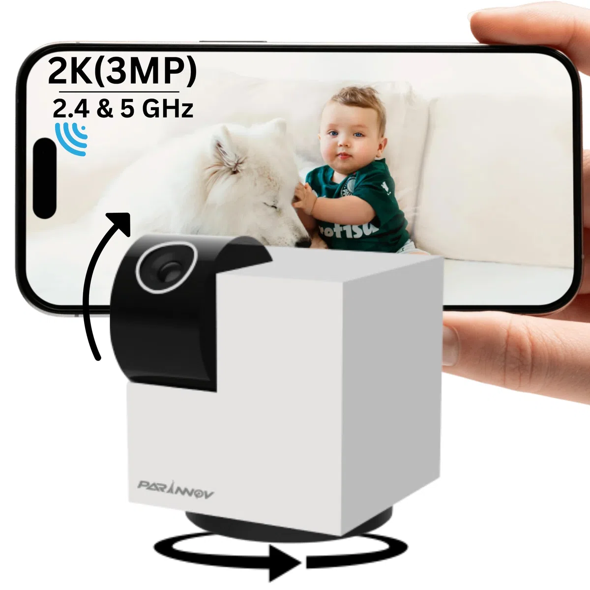 3MP Telecamera interna WiFi, Baby Monitor, Videocamera con controllo WiFi interno, Rilevamento del mov. e del suonoo, Tracciamento, Walkie-talkie, Notturna, Telecamera per cani e gatti, Alexa