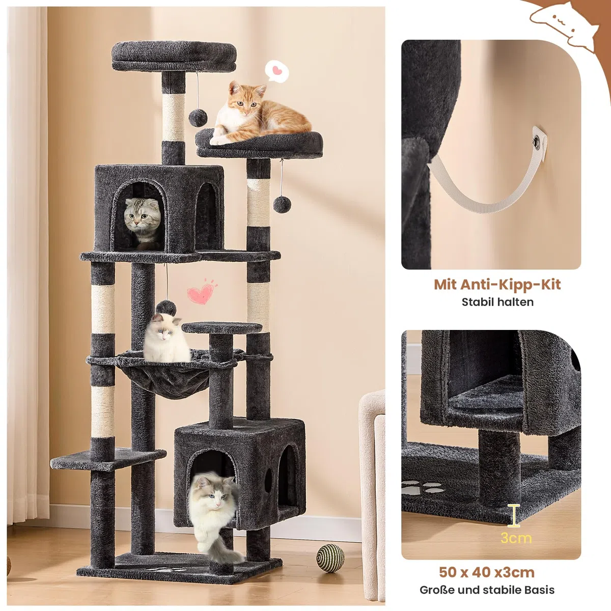 MSmask Tiragraffi grande, L albero per gatti stabile, con 2 piattaforme, 2 grotte per gatti, amaca, colonne in sisal, albero da arrampicata a più piani per gatti (grigio scuro, 160 cm)