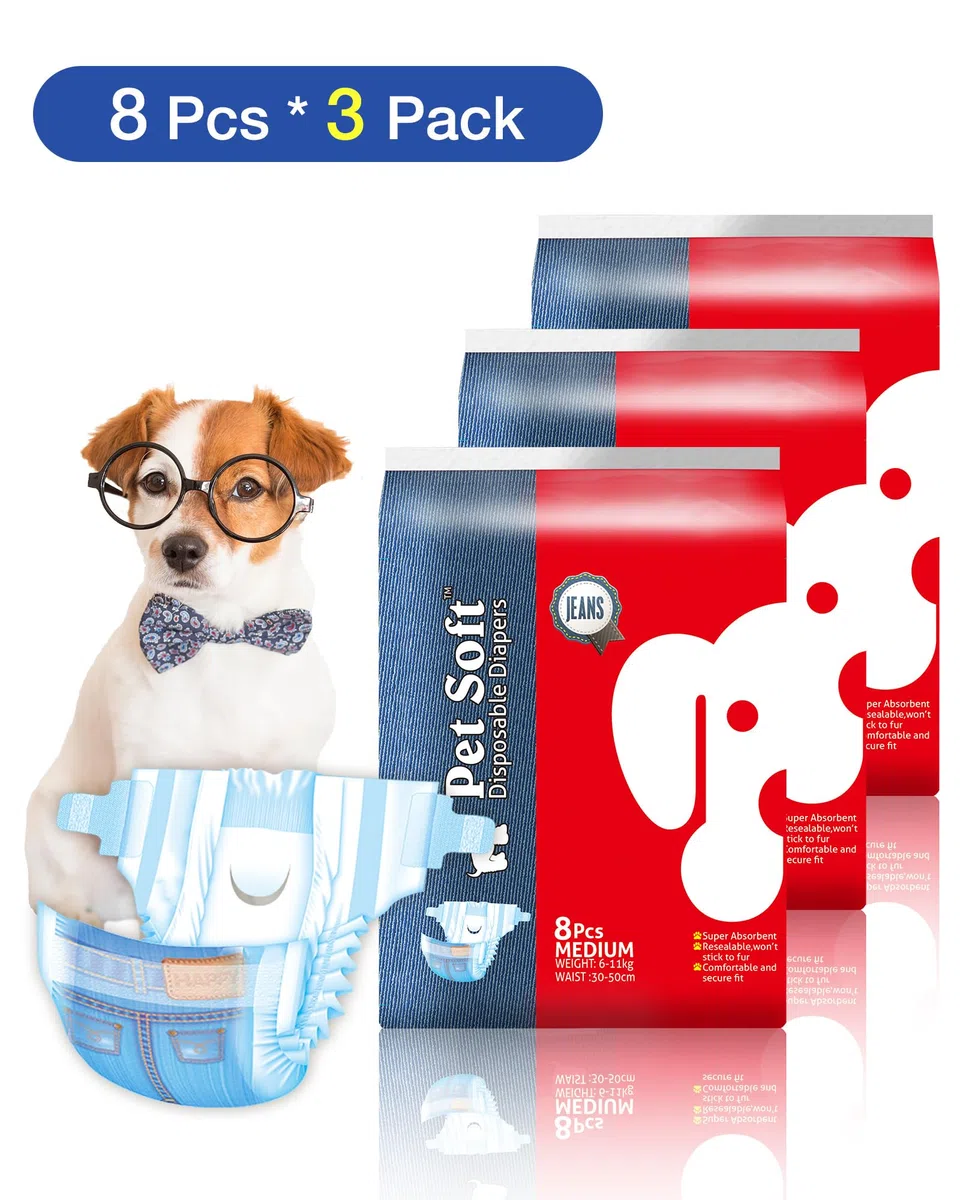 Pannolini per cani femmina, morbidi, super assorbenti, monouso, fantasia jeans, stile cowboy, pannolini per cuccioli, 24 pezzi