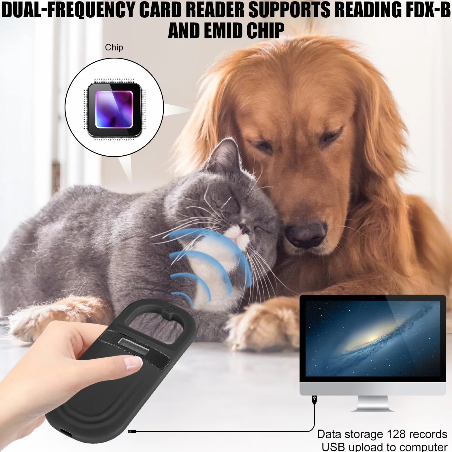Lettore ID per animali domestici, lettore di chip per animali, lettore di microchip per cani/gatti, scansione microchip scanner, scanner per animali domestici, nero
