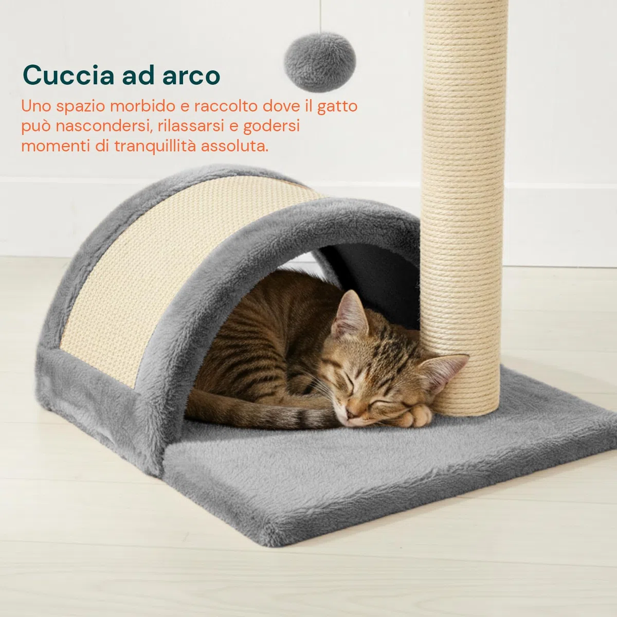 Avilia Tiragraffi per Gatti 50 cm – Albero Tiragraffi con Piattaforma Imbottita, Pallina Pendente e Sisal Naturale, Trespolo per Gatti Compatto Salvaspazio, Giochi Gatto 3 in 1, Protezione Divano