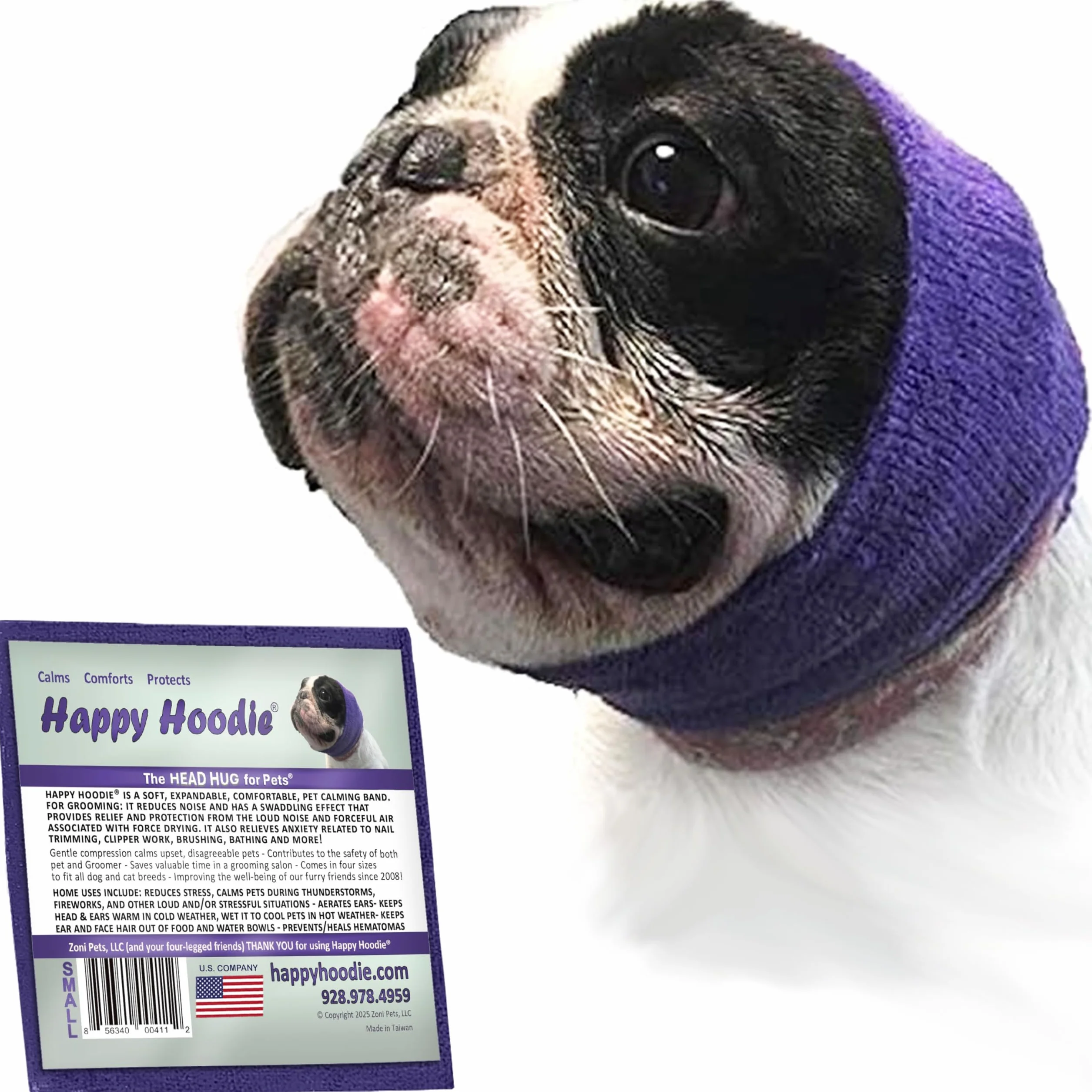 Happy Hoodie Fascia calmante originale per cani e gatti, anti-ansia/protezione dal rumore, toelettatura, tuoni e fuochi d'artificio (S, viola)