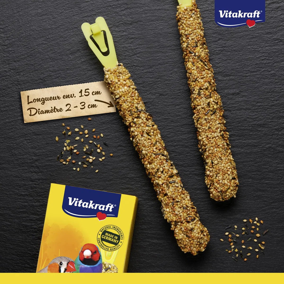 Vitakraft Kräcker, Snack per Uccelli, per Uccelli esotici, Bastoncini da sgranocchiare, con Miele e Sesamo, da Appendere nella gabbietta, Senza l'aggiunta di zuccheri (10x 60g)