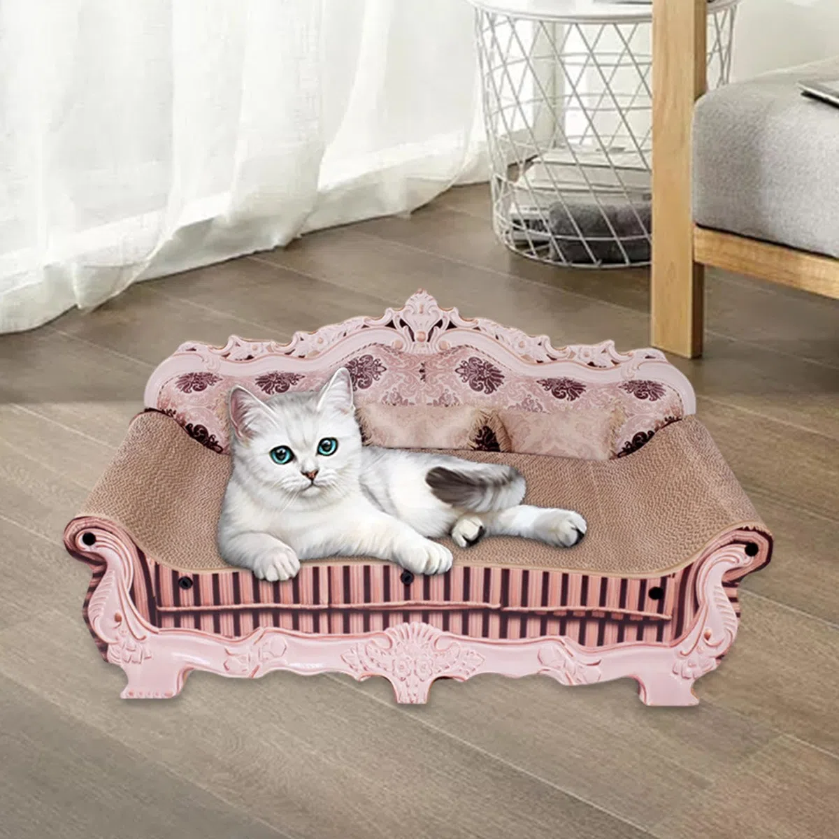 rockible Tiragraffi per Gatti in Cartone Ondulato, Divano, Letto, Tiragraffi per Gatti, 50x24x24 Cm, Accessorio Multifunzionale Resistente all'Usura, Giocattol