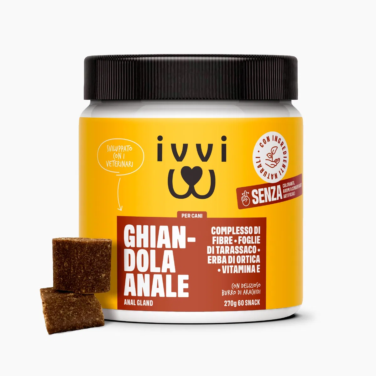 ivvi Anal Gland - Snack per supportare la Salute delle ghiandole Anali dei Cani. Contiene Zucca, psyllium, Lino, tarassaco, ortica e prebiotici. 60 Snack (270g) a Base di Burro di Arachidi