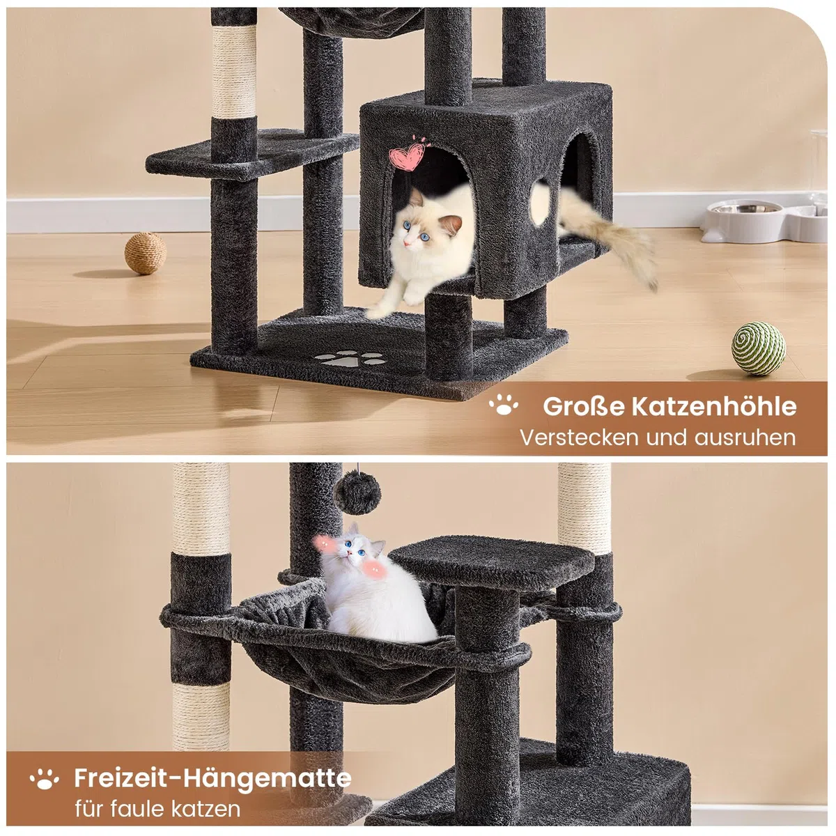 MSmask Tiragraffi grande, L albero per gatti stabile, con 2 piattaforme, 2 grotte per gatti, amaca, colonne in sisal, albero da arrampicata a più piani per gatti (grigio scuro, 160 cm)