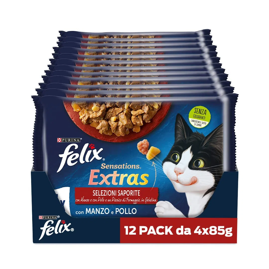 Purina Felix Sensations Extras Cibo Umido per Gatti con Manzo e un Pizzico di Formaggio e con Pollo e un Pizzico di Bacon, 48 buste da 85g ciascuna