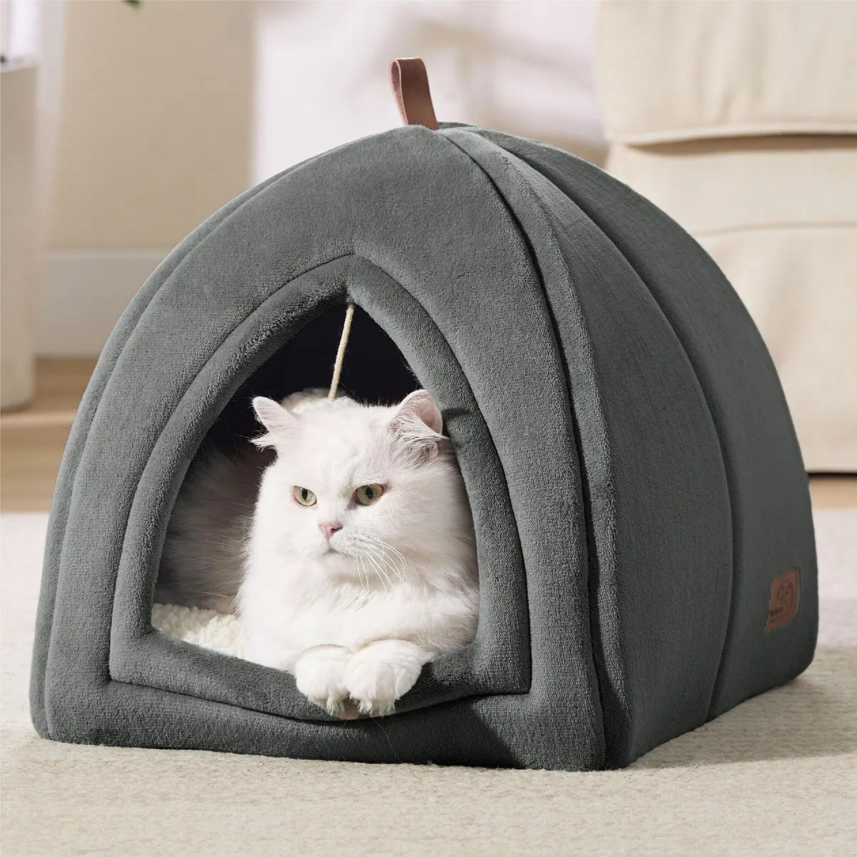 Bedsure Cuccia per Gatti Grigio Scuro - Letto Pieghevole per Gatti con Cuscino Lavabile, Tenda per Gattini Adatta ad Animali Domestici Piccoli e Medi, Casa Morbida e Calda per Interni, 40x40x40cm