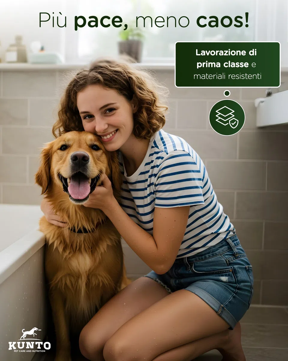 doccia KUNTO®: doccia per cani a 4 getti - setole in silicone per pulizia piacevole ed efficace del pelo. Adattatore per tubo da giardino
