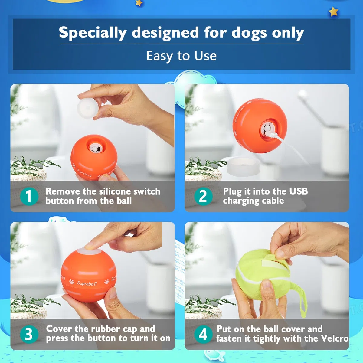Petiepaw Palla per cani interattiva, durevole palla rotante automatica per cuccioli/cani di taglia piccola/media, ricaricabile tramite USB (arancione)