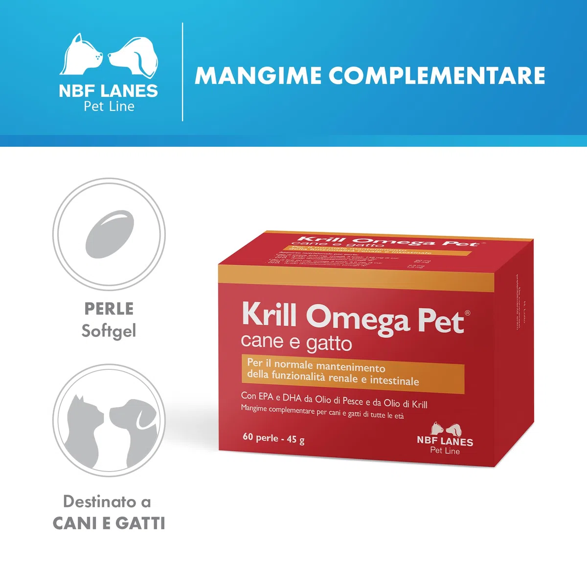 NBF Lanes | Krill Omega Pet Cane e Gatto, 60 Perle Appetibili, per il Normale Mantenimento della Funzionalità Renale e Intestinale
