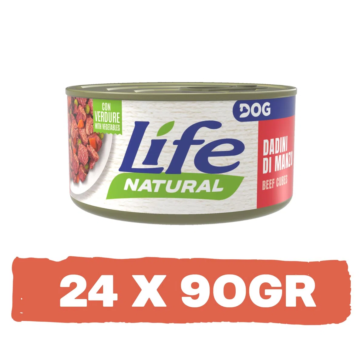 Life Natural Dog Cibo Umido per Cani – Naturale, Grain Free, Senza Additivi, Cotto al Vapore, Ricco di Proteine – Lattine da 90 g – Confezione da 24 (Manzo con verdure)